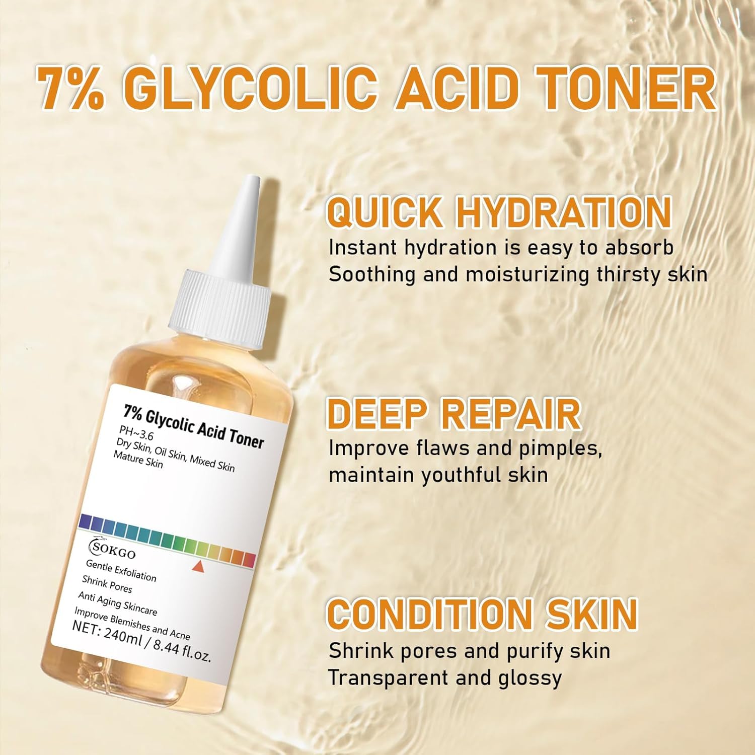 Sokgo tonique glycolique 7% – amélioration visuelle des imperfections et texture.