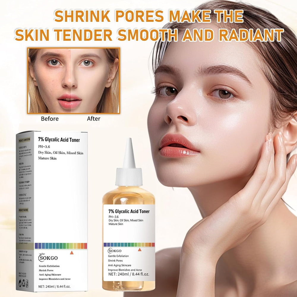 Sokgo tonique glycolique 7% – application facile sur coton pour routine efficace.