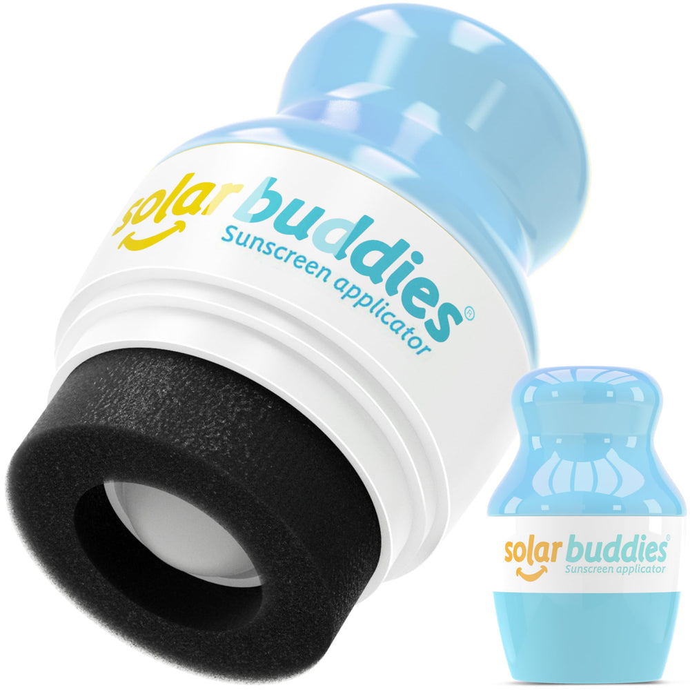 Solar Buddies applicateur crème solaire roller bleu, distribution uniforme et pratique.