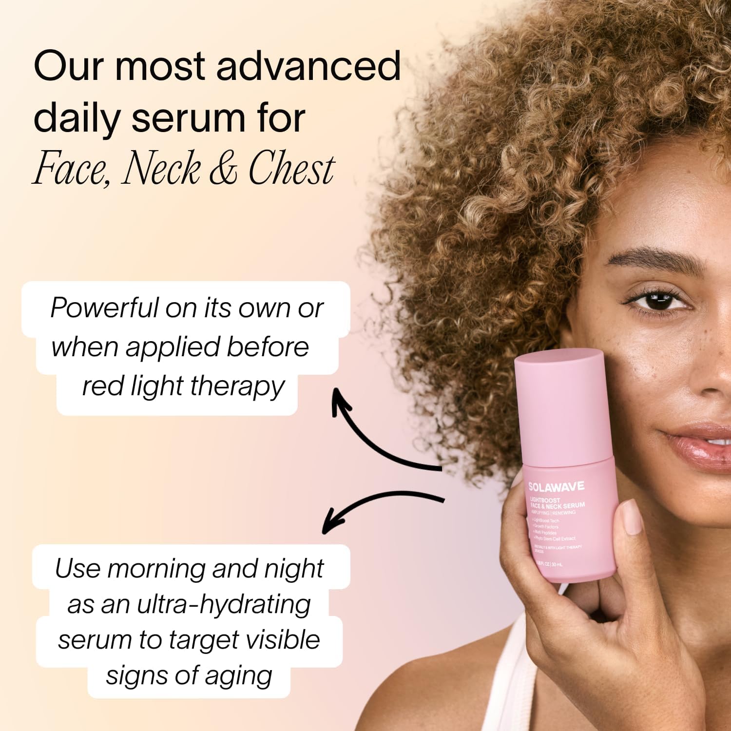 Application du sérum LightBoost sur le visage, éclat potentiel.