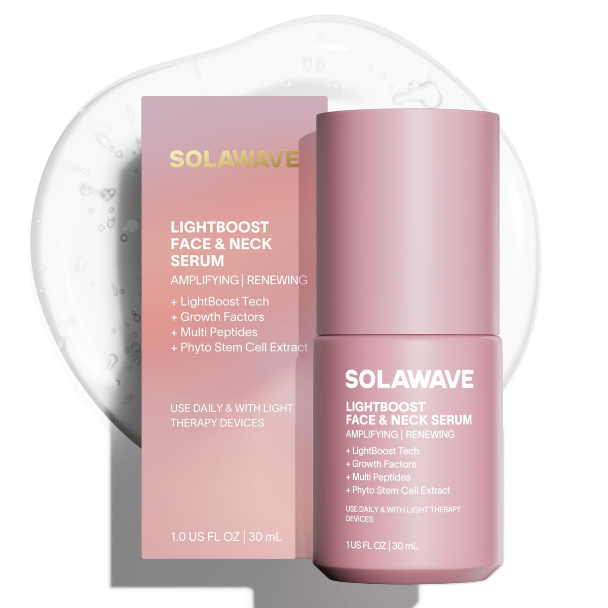 Solawave LightBoost sérum visage et cou sur bouteille, hydratation durable.