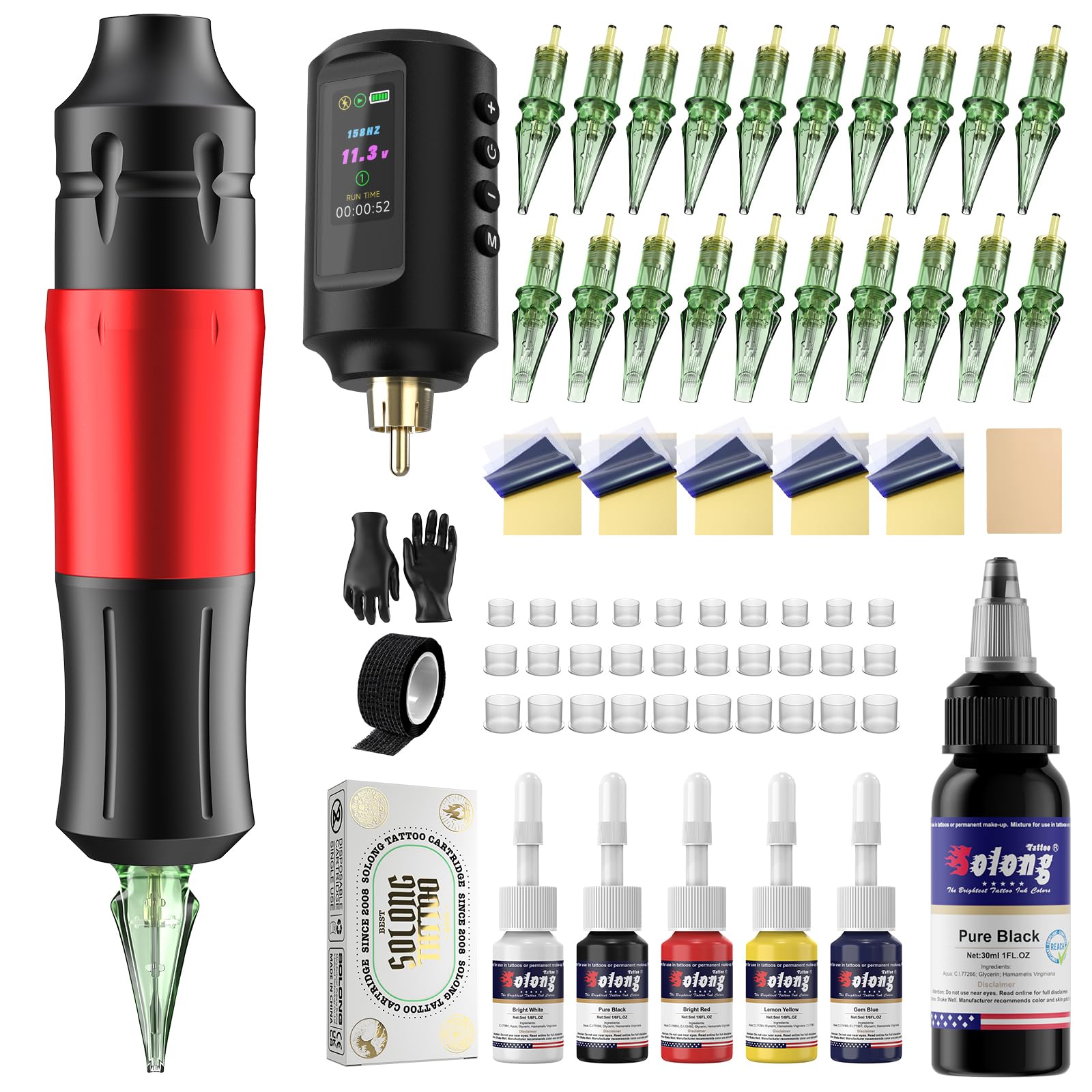 Solong Tattoo Kit : batterie 1800mAh et écran LED pour sessions fiables.