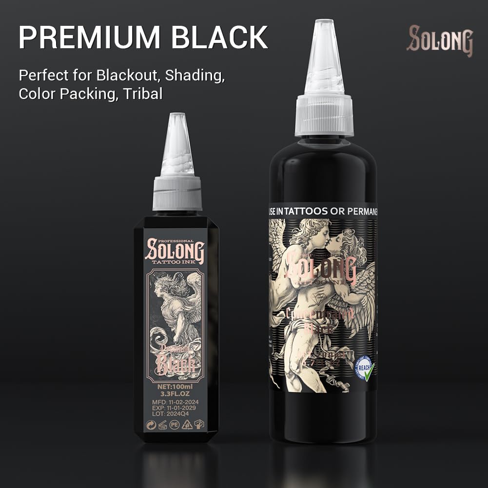 Noir premium Solong Tattoo pour effet noir profond et motifs tribaux.