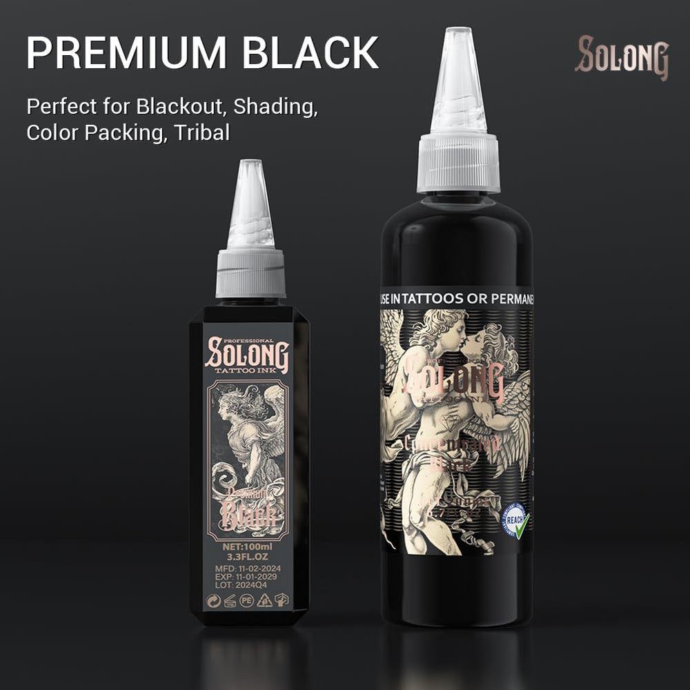 Noir premium Solong Tattoo pour effet noir profond et motifs tribaux.