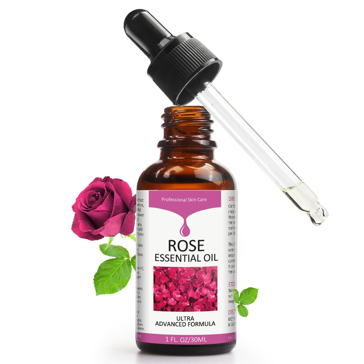 Huile essentielle de rose Solotree dans sa bouteille, hydratation douce.