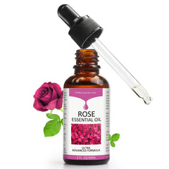 Huile essentielle de rose Solotree dans sa bouteille, hydratation douce.