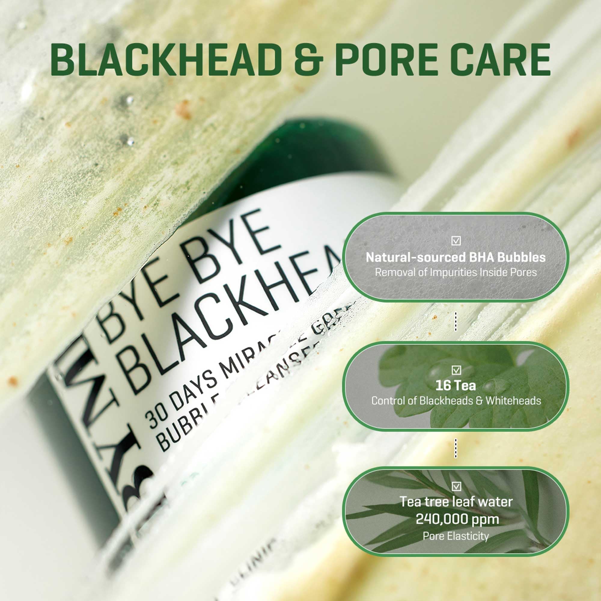 SOME BY MI Bye Bye Blackhead Bubble Cleanser, extraits-thé-vert pour apaiser et rafraîchir la peau.