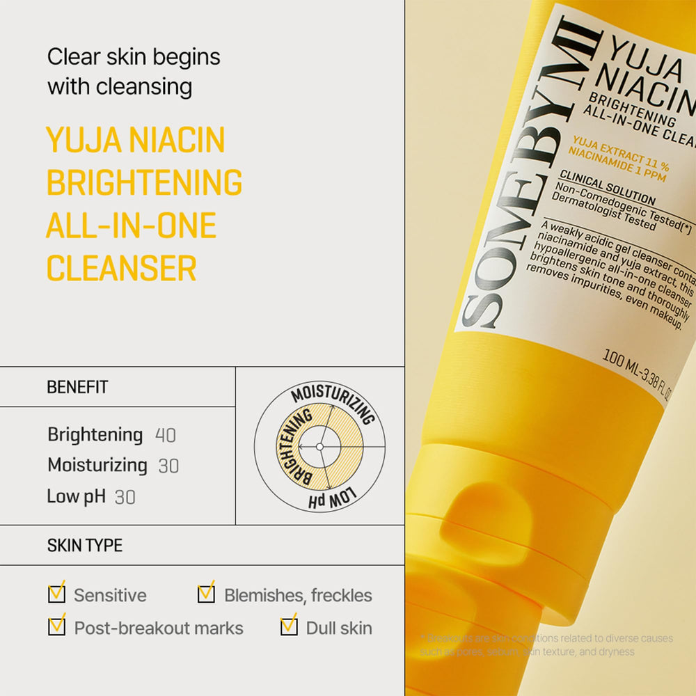 SOME BY MI Yuja Niacin Nettoyant — pompe-flacon, texture légère qui purifie sans agresser.