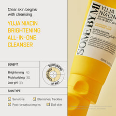 SOME BY MI Yuja Niacin Nettoyant — pompe-flacon, texture légère qui purifie sans agresser.