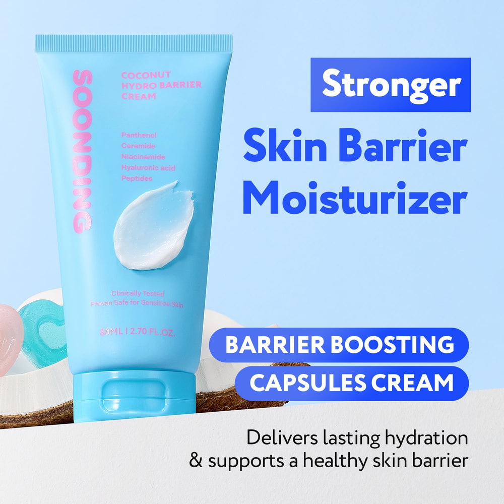 SOONDING Crème Barrière Coco – etiquette neutre pour peaux sensibles, sans parfum.