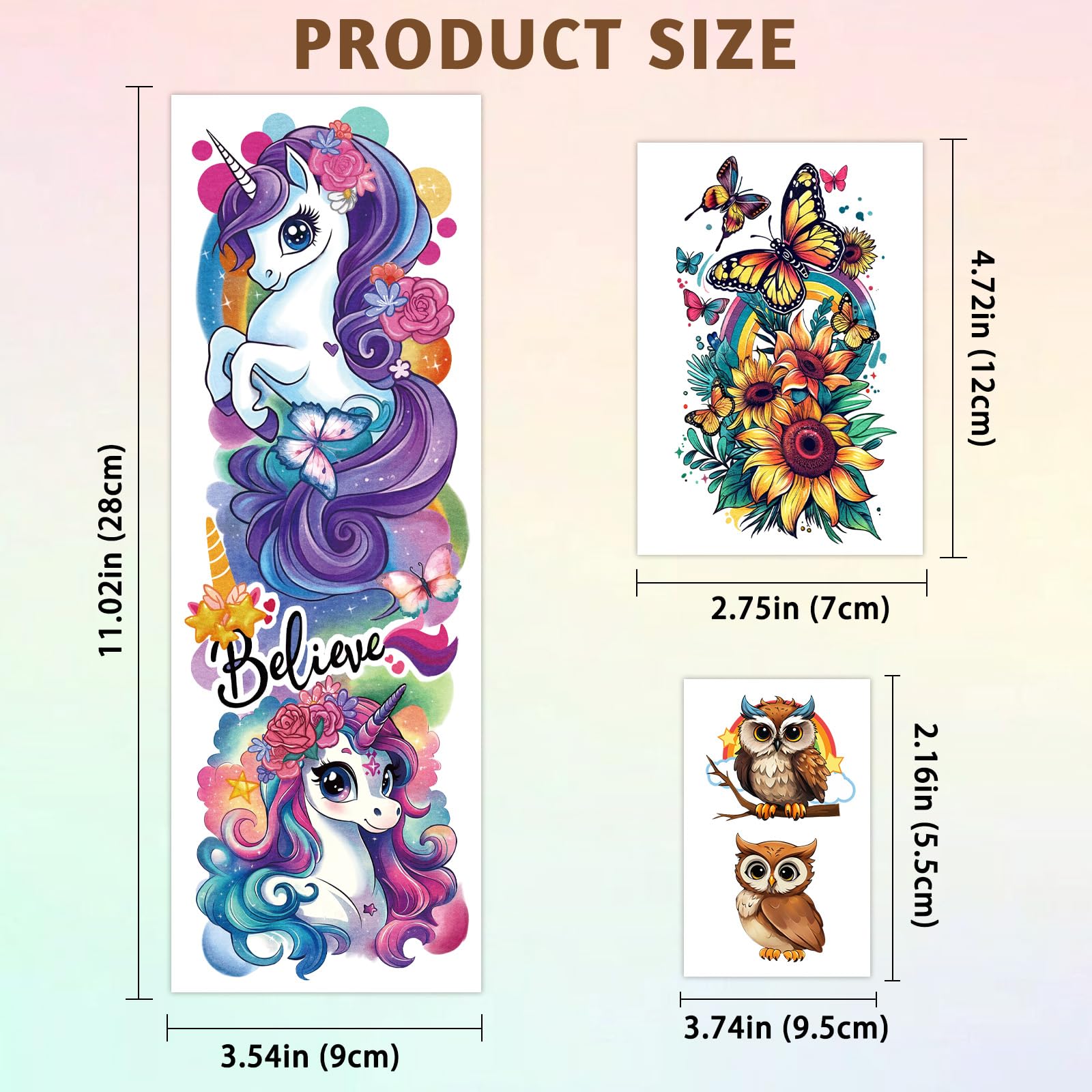 Tatouages SOOVSY pour bras complet avec papillon et éléphant, couleurs vives.