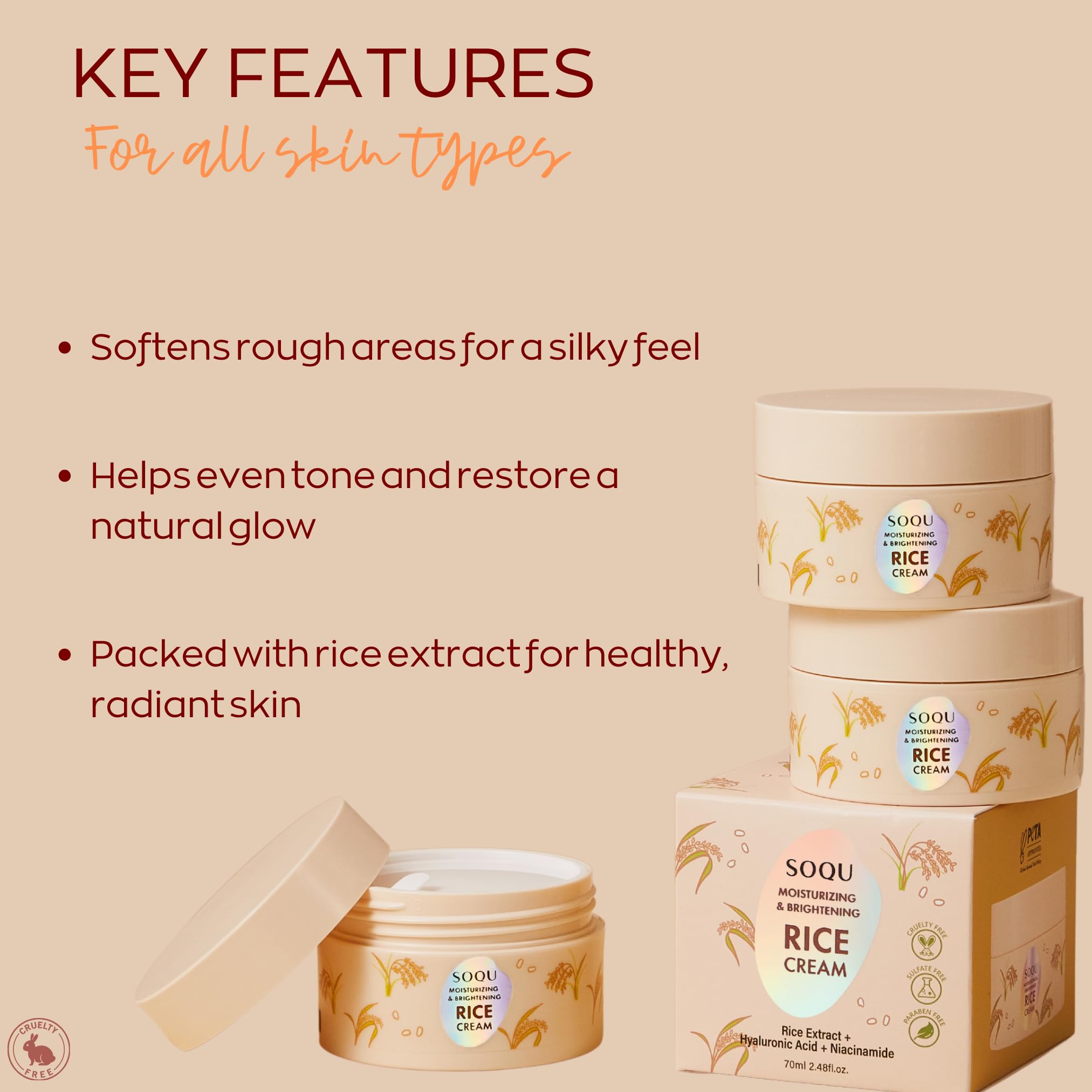 SOQU Crème de riz : zoom sur actifs acide hyaluronique et niacinamide.