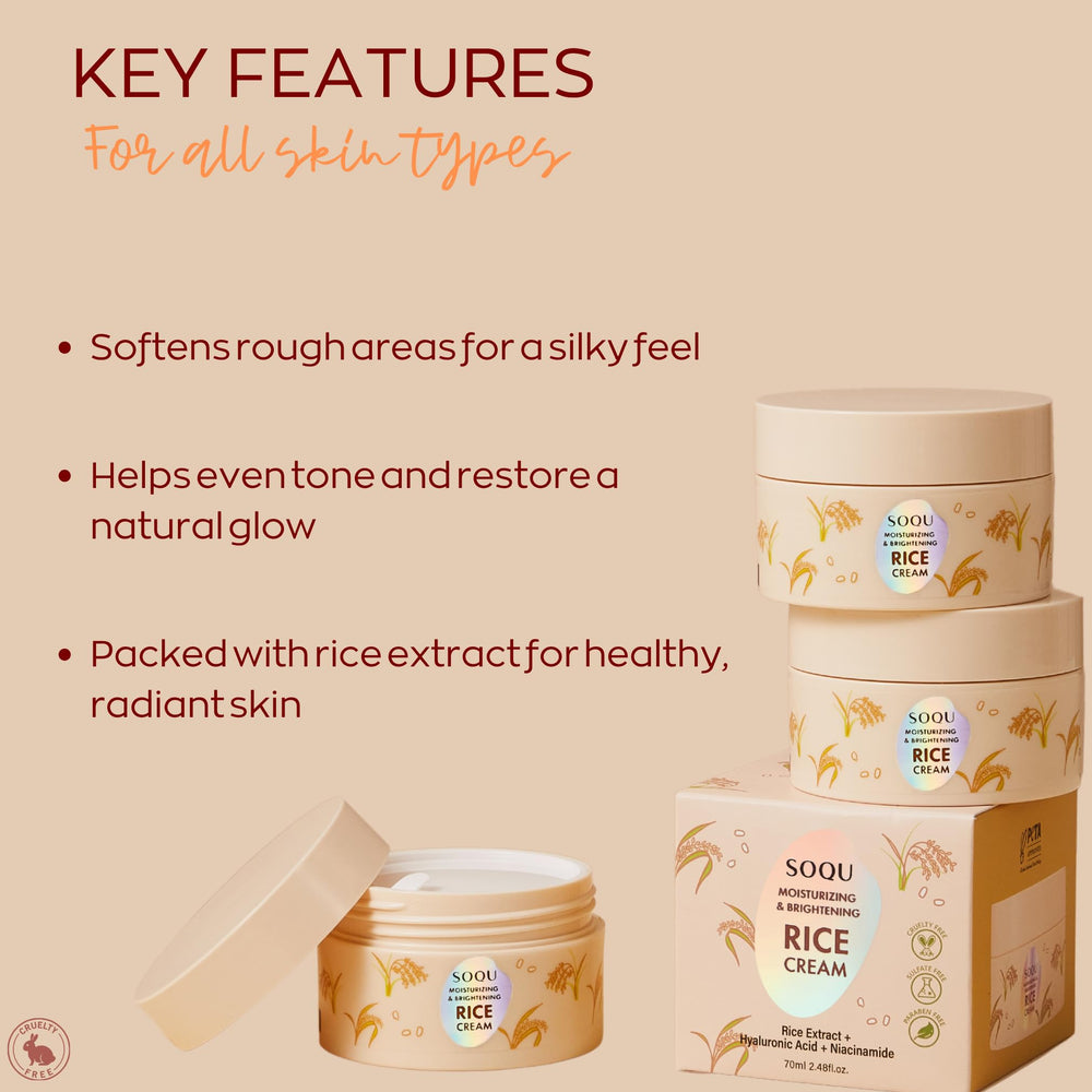 SOQU Crème de riz : zoom sur actifs acide hyaluronique et niacinamide.