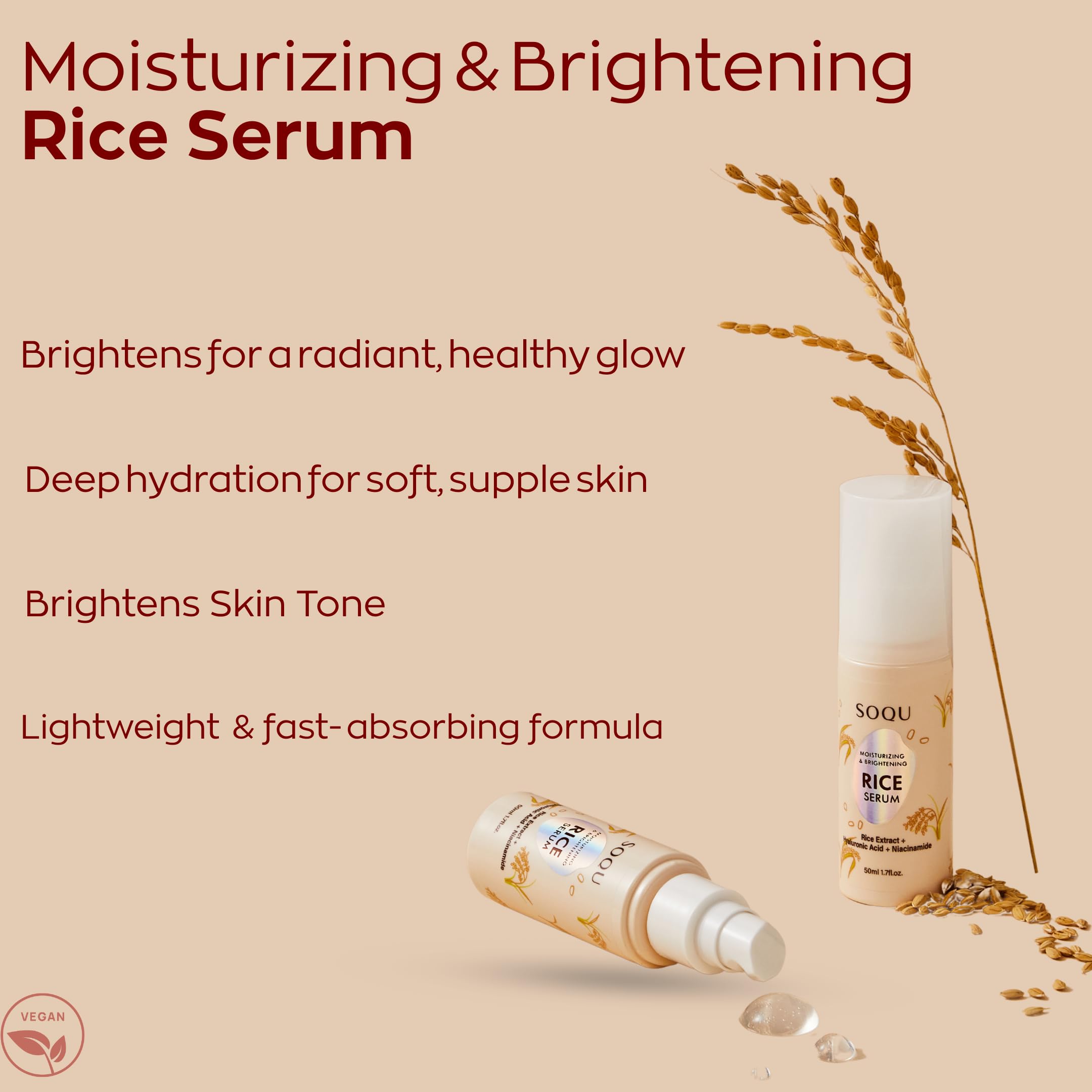 Texture légère et absorption rapide: Sérum Riz SOQU pour une routine quotidienne sans film gras.