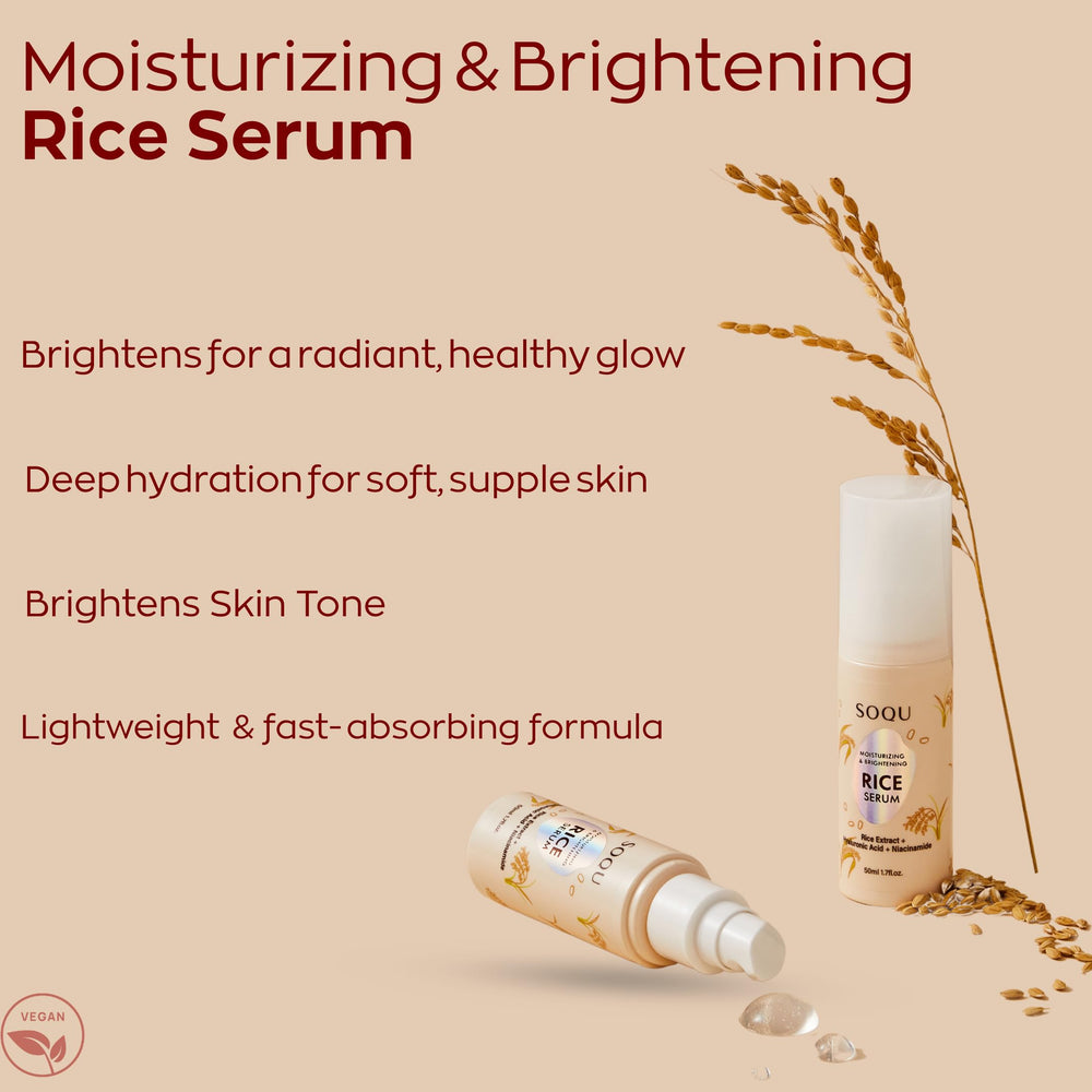 Texture légère et absorption rapide: Sérum Riz SOQU pour une routine quotidienne sans film gras.