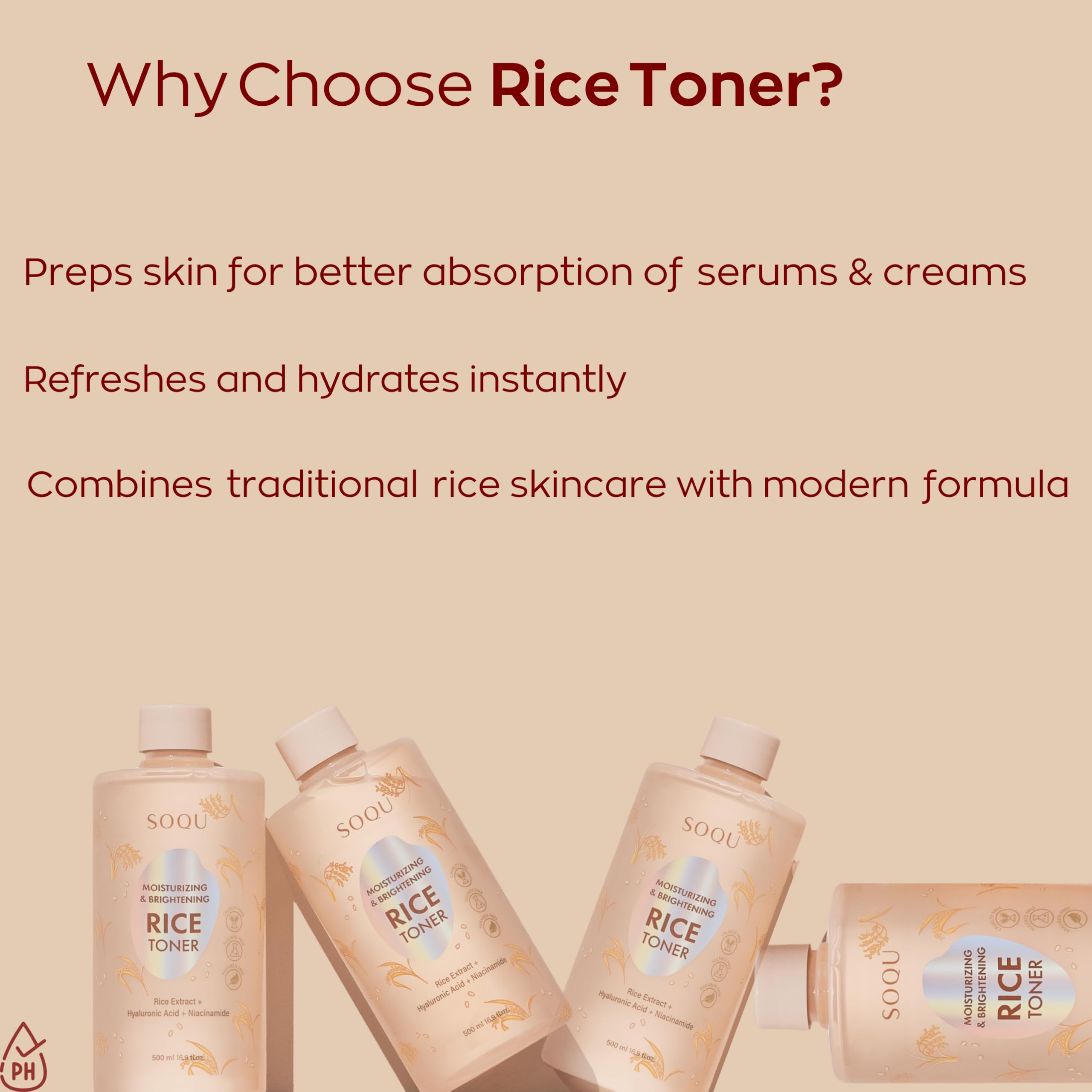 SOQU tonique – extrait de riz apporte une brillance naturelle.