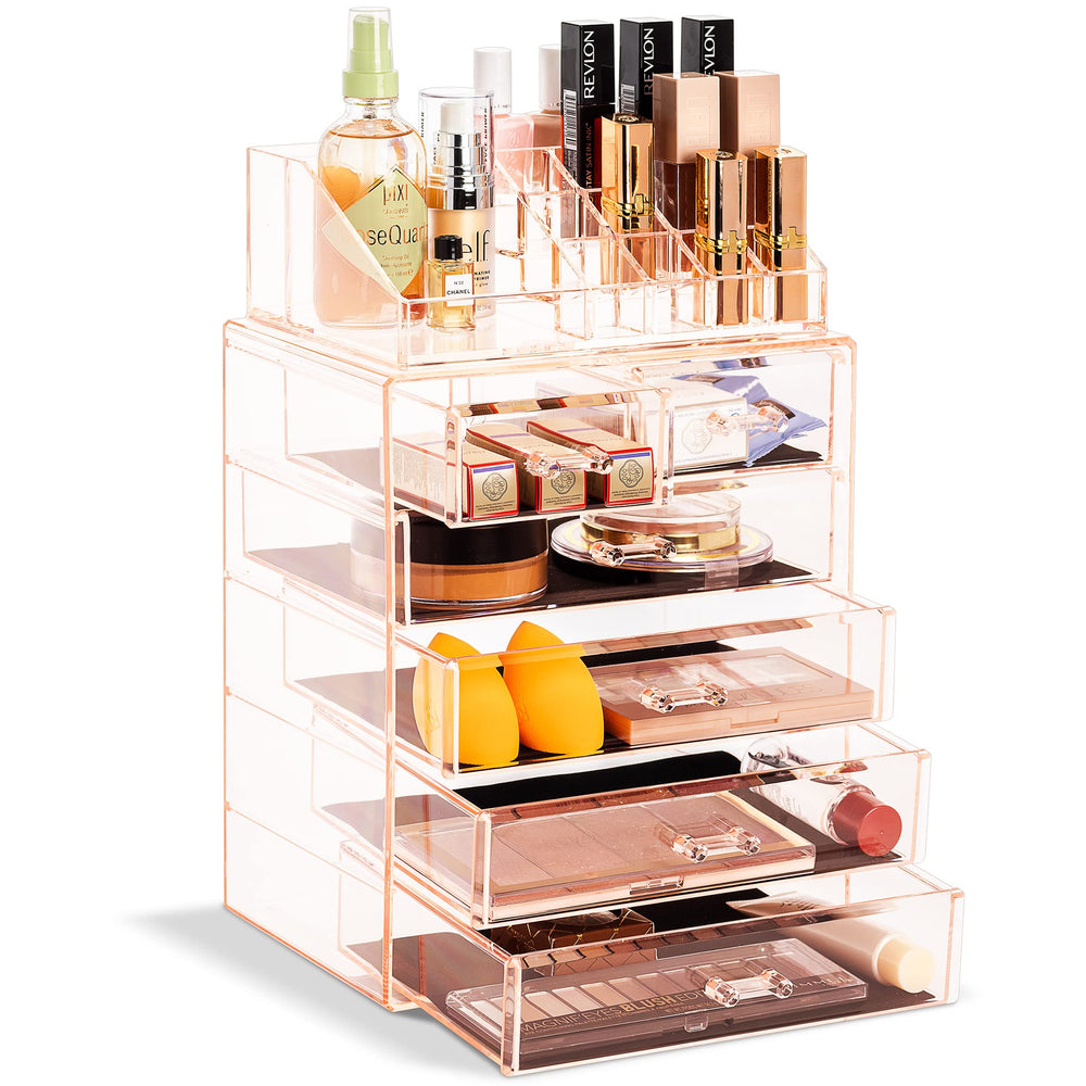 Sorbus organisateur-maquillage rose, vue frontale pour retrouver rapidement les produits.