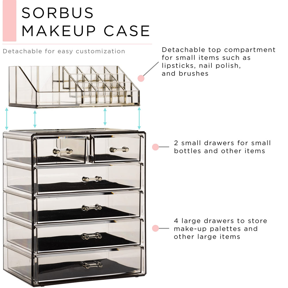 Sorbus organisation maquillage acrylique, tiroirs ouverts pour montrer les rangements.