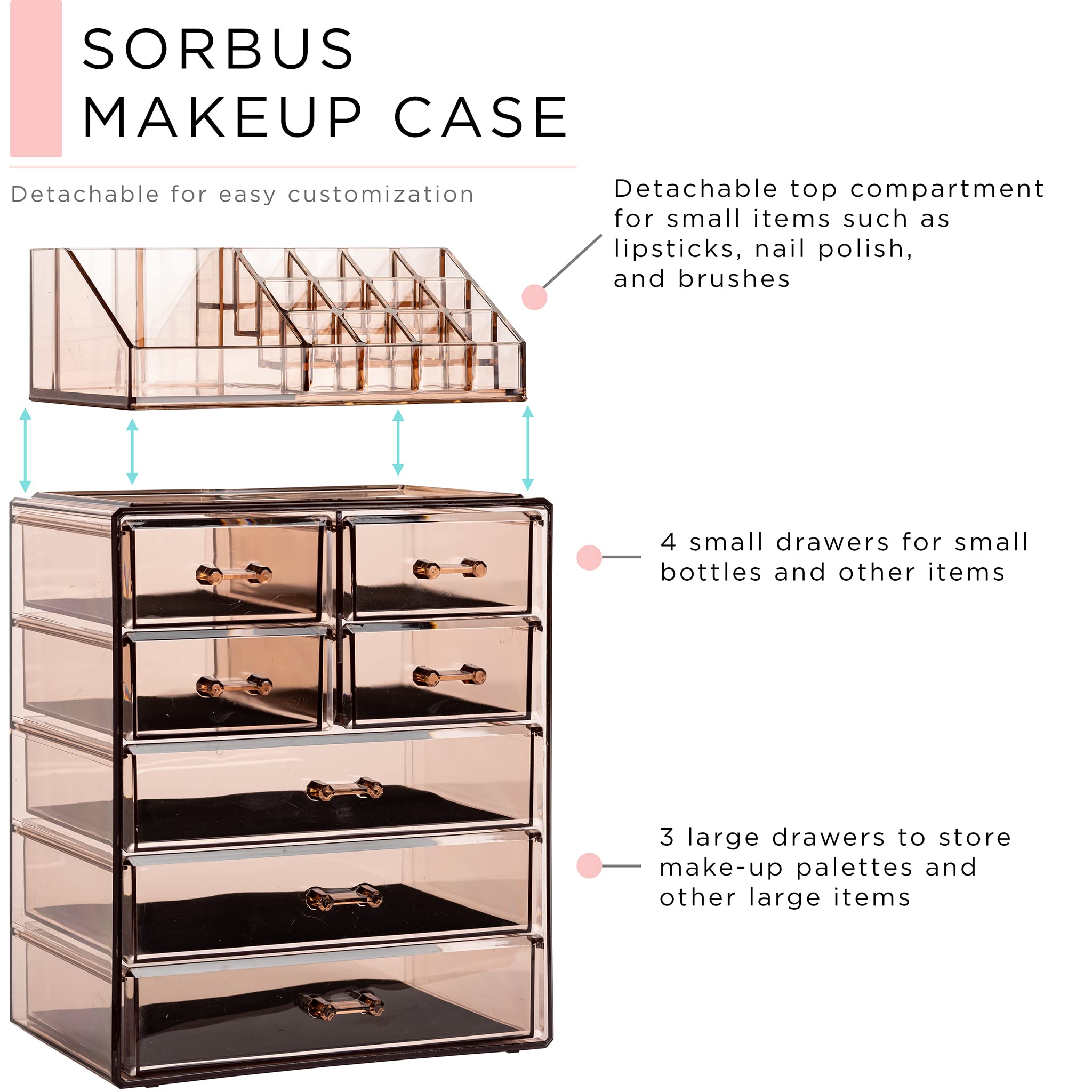 Sorbus tiroirs grands et petits, rangement adapté pour cosmétiques et accessoires.