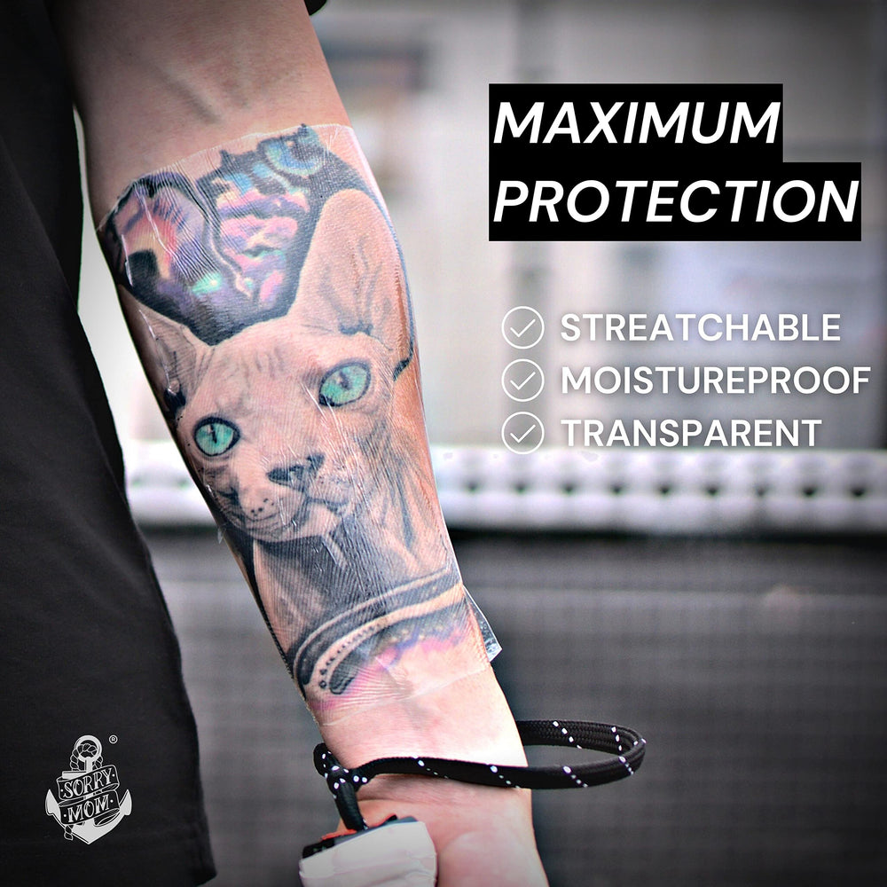 Film tatouage Sorry Mom elastique offrant une couverture flexible.