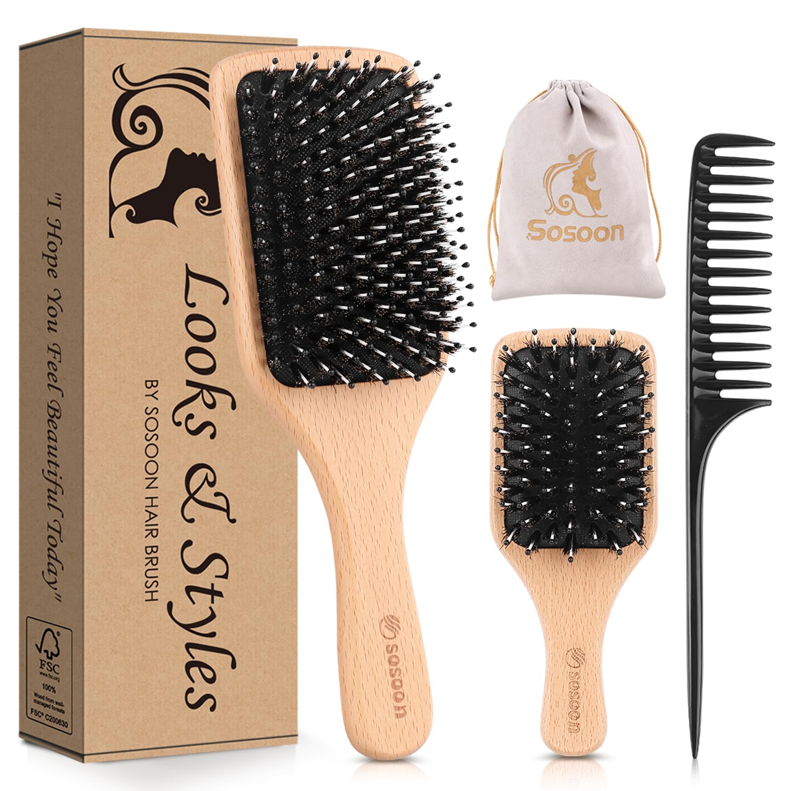 Sosoon brosse-cheveux plat ensemble: démêlage en douceur et brillance naturelle.