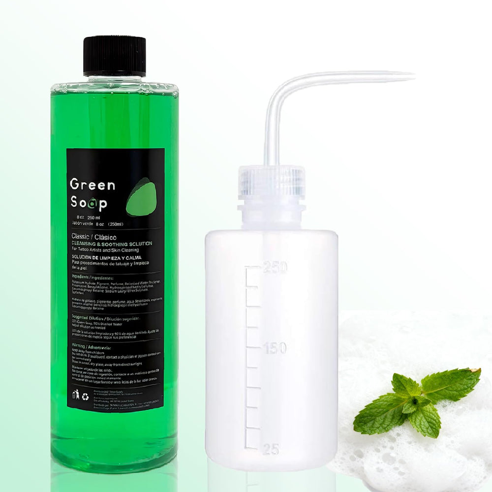 Sotica savon vert tatouage, bouteille 250 ml, prêt à dilution et nettoyage.