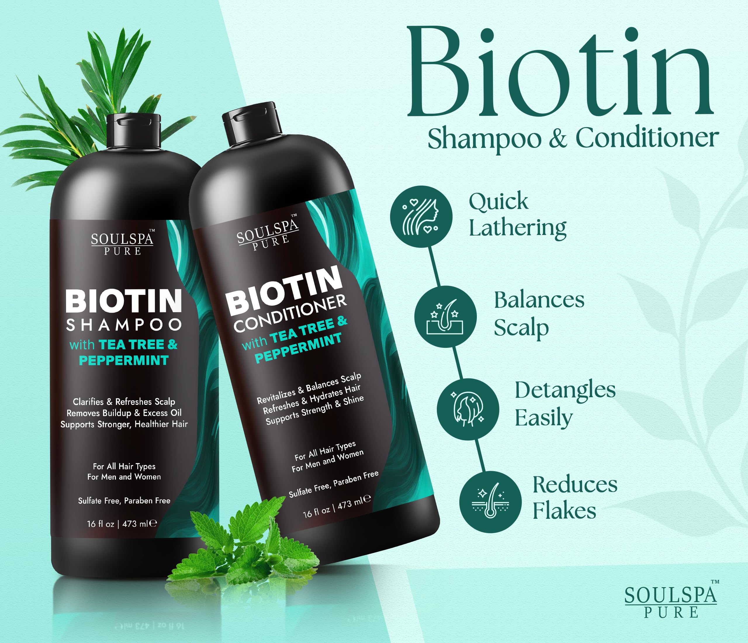 SOULSPA PURE Après-shampoing, bouteille arbre-à-thé et menthe-poivrée, démêlage en douceur.
