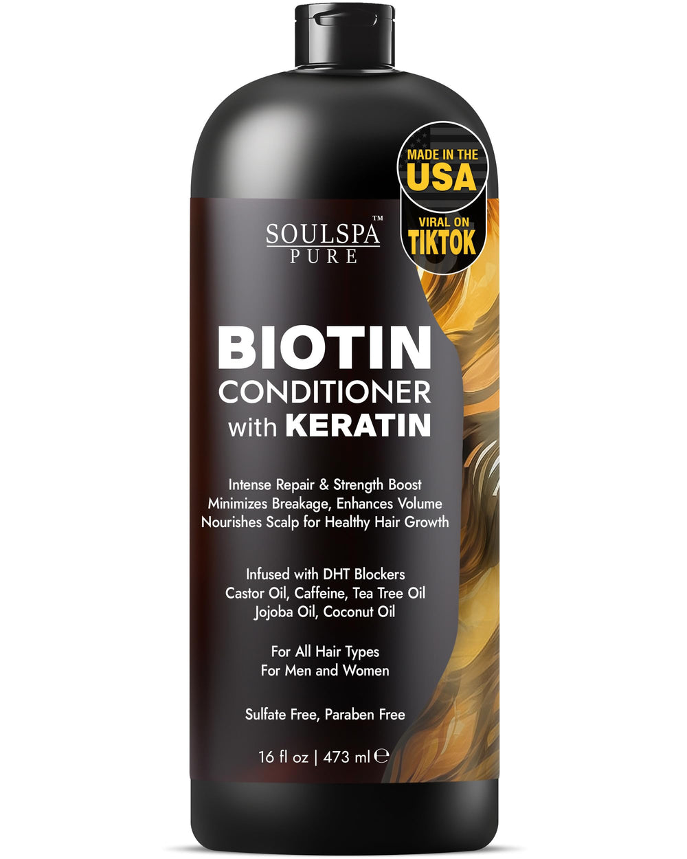 SOULSPA PURE Conditionneur Biotine et Kératine — bouteille élégante prête à nourrir les cheveux.