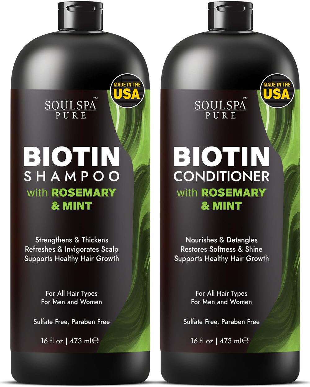 Le Shampoing Biotine SOULSPA PURE en flacon, produit une mousse fraîche et purifiante.