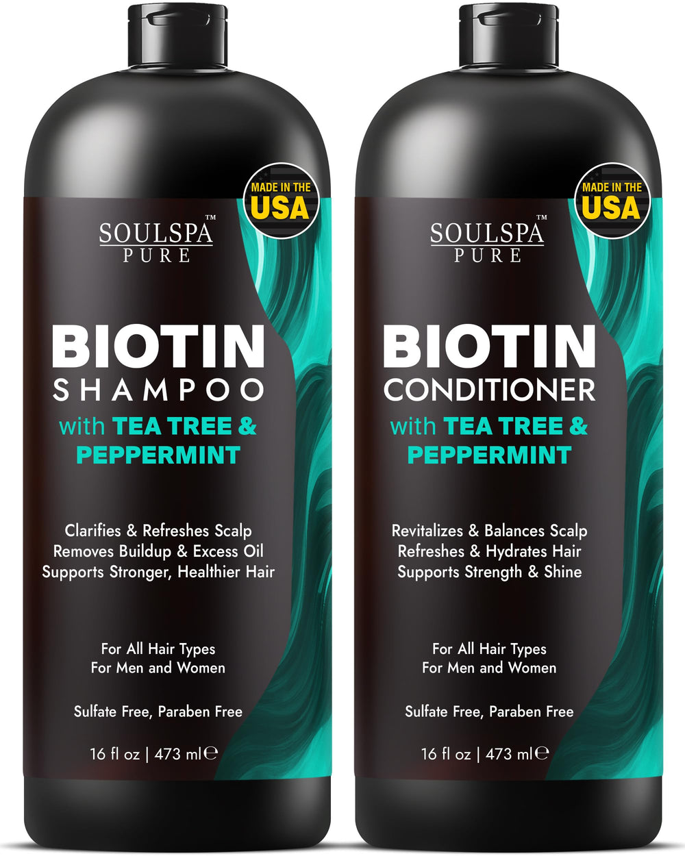 SOULSPA PURE Shampoing, bouteille arbre-à-thé et menthe-poivrée, fraîcheur du cuir chevelu.
