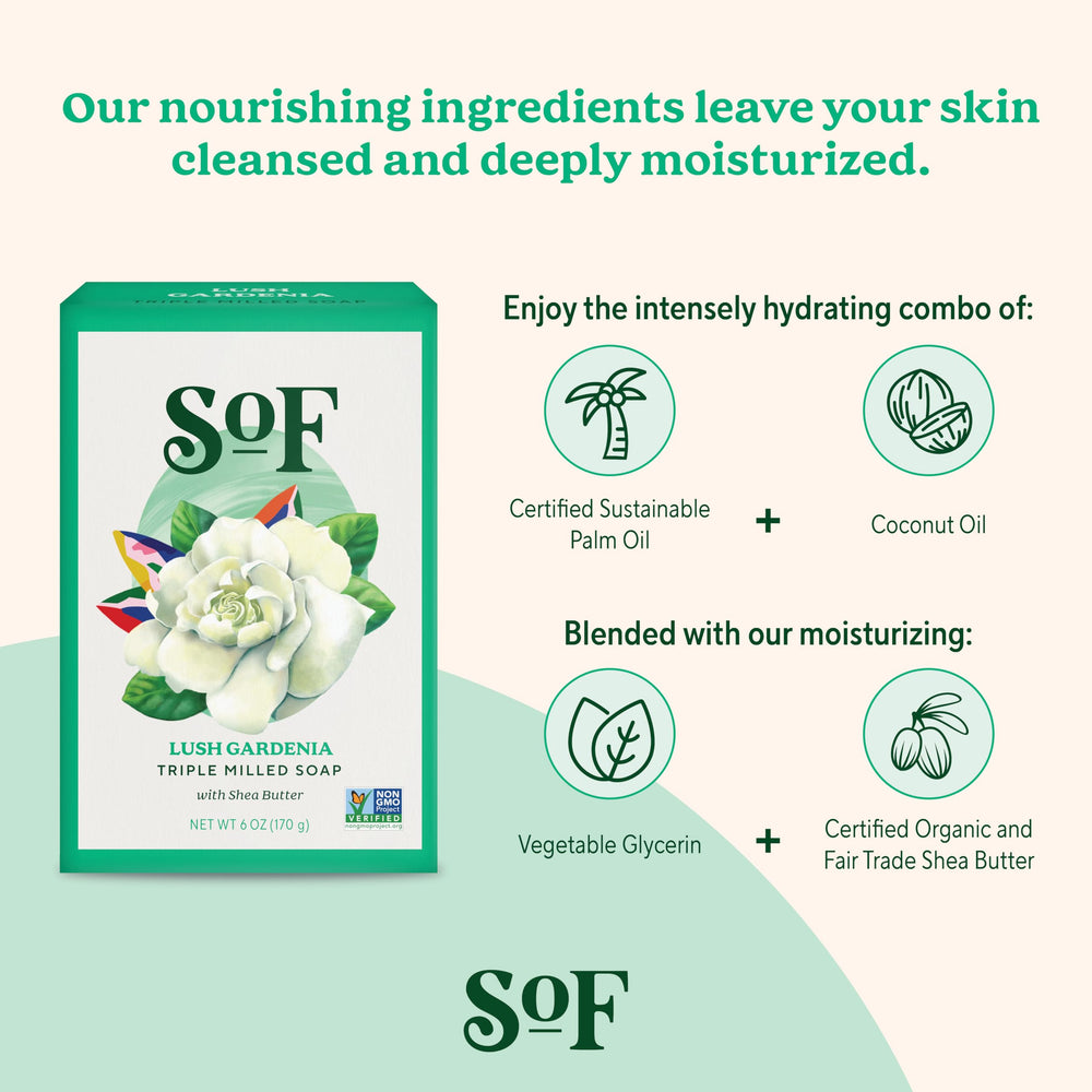 SoF Gardenia bar soap contains organic shea butter for soft skin