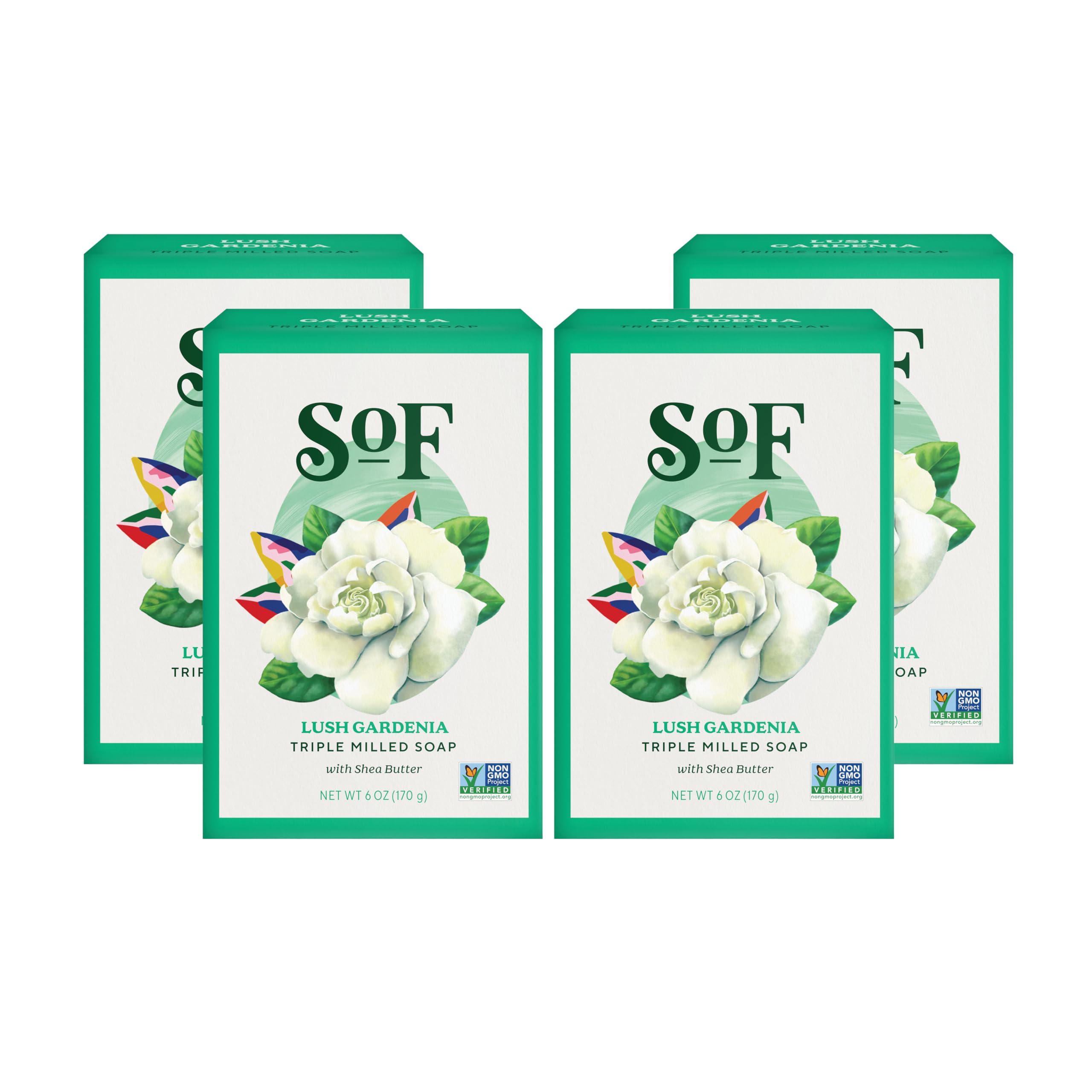 South Of France SoF Gardenia bar soap packaging highlights premium natural ingredients for daily cleansing