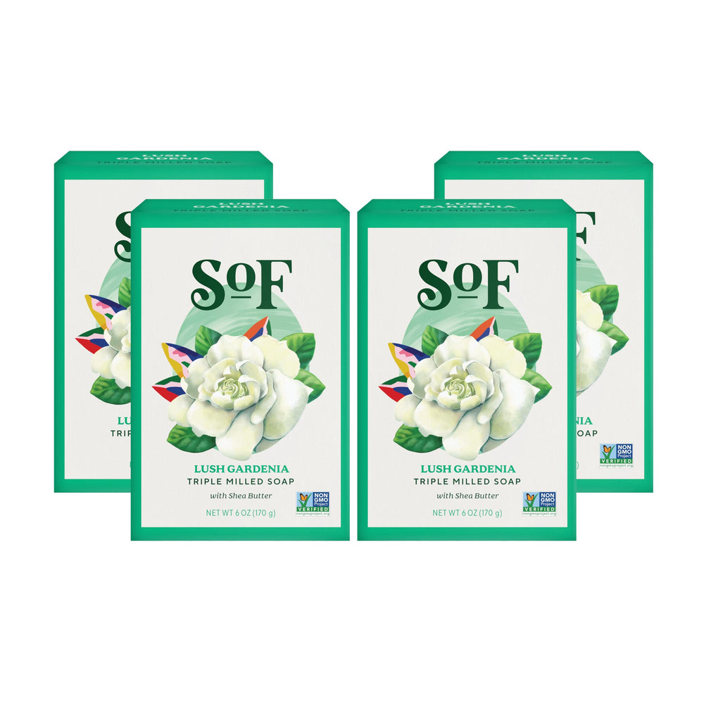 South Of France SoF Gardenia bar soap packaging highlights premium natural ingredients for daily cleansing