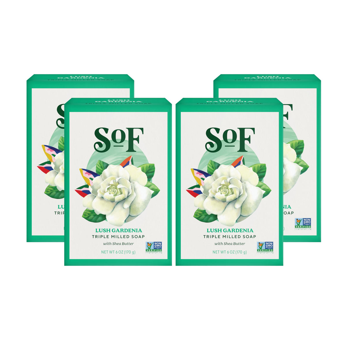 South Of France SoF Gardenia bar soap packaging highlights premium natural ingredients for daily cleansing