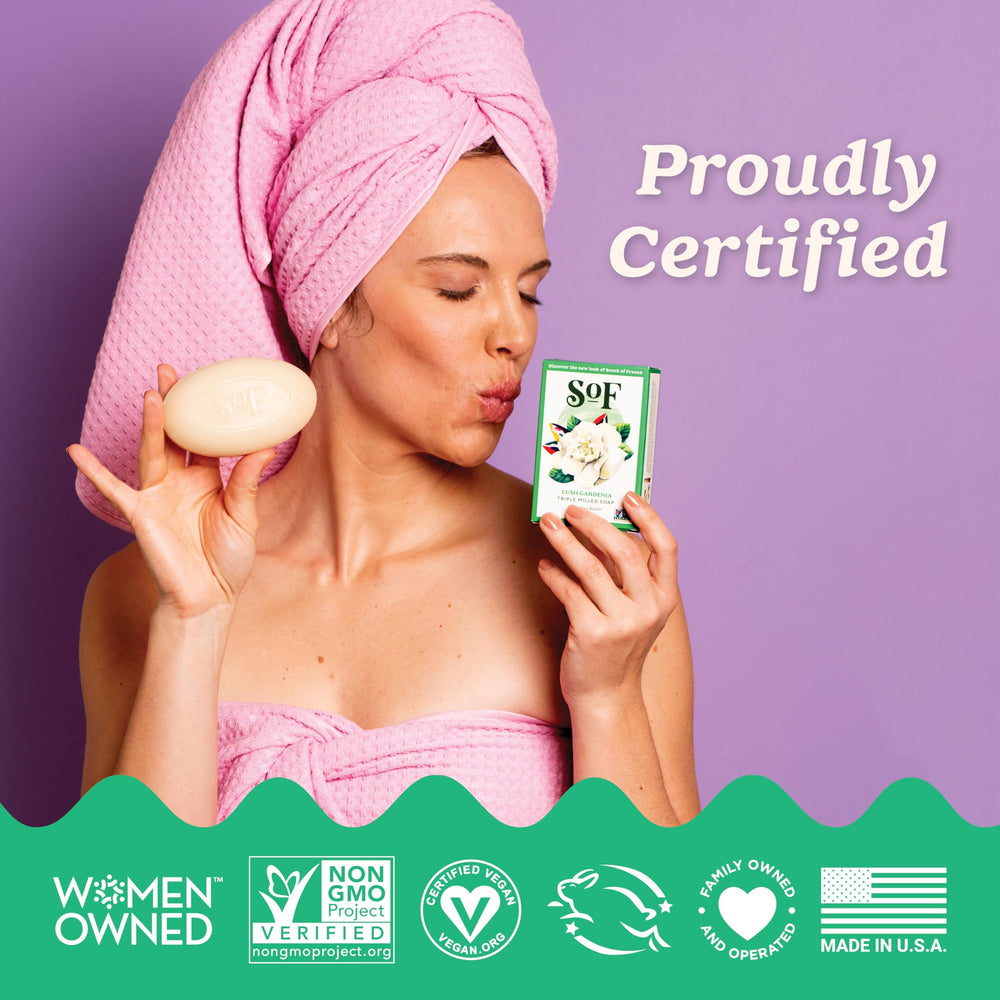 South Of France SoF Gardenia bar soap is vegan and Non-GMO verified