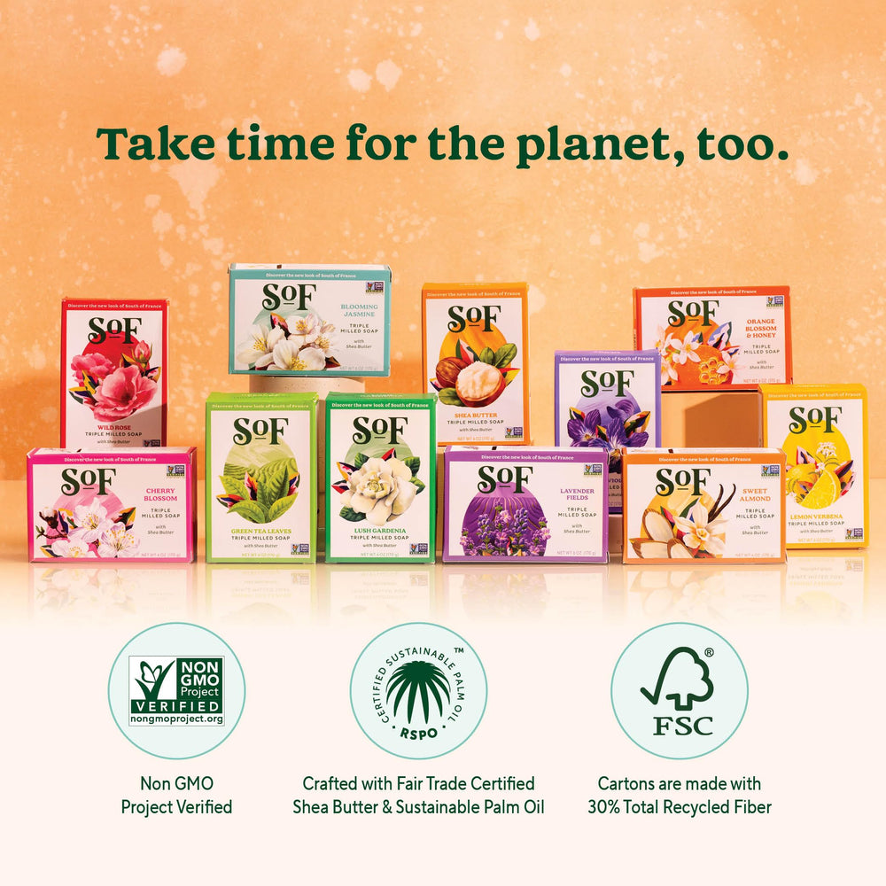 Vegan cruelty-free badge shown with SoF Blooming Jasmine bar soap