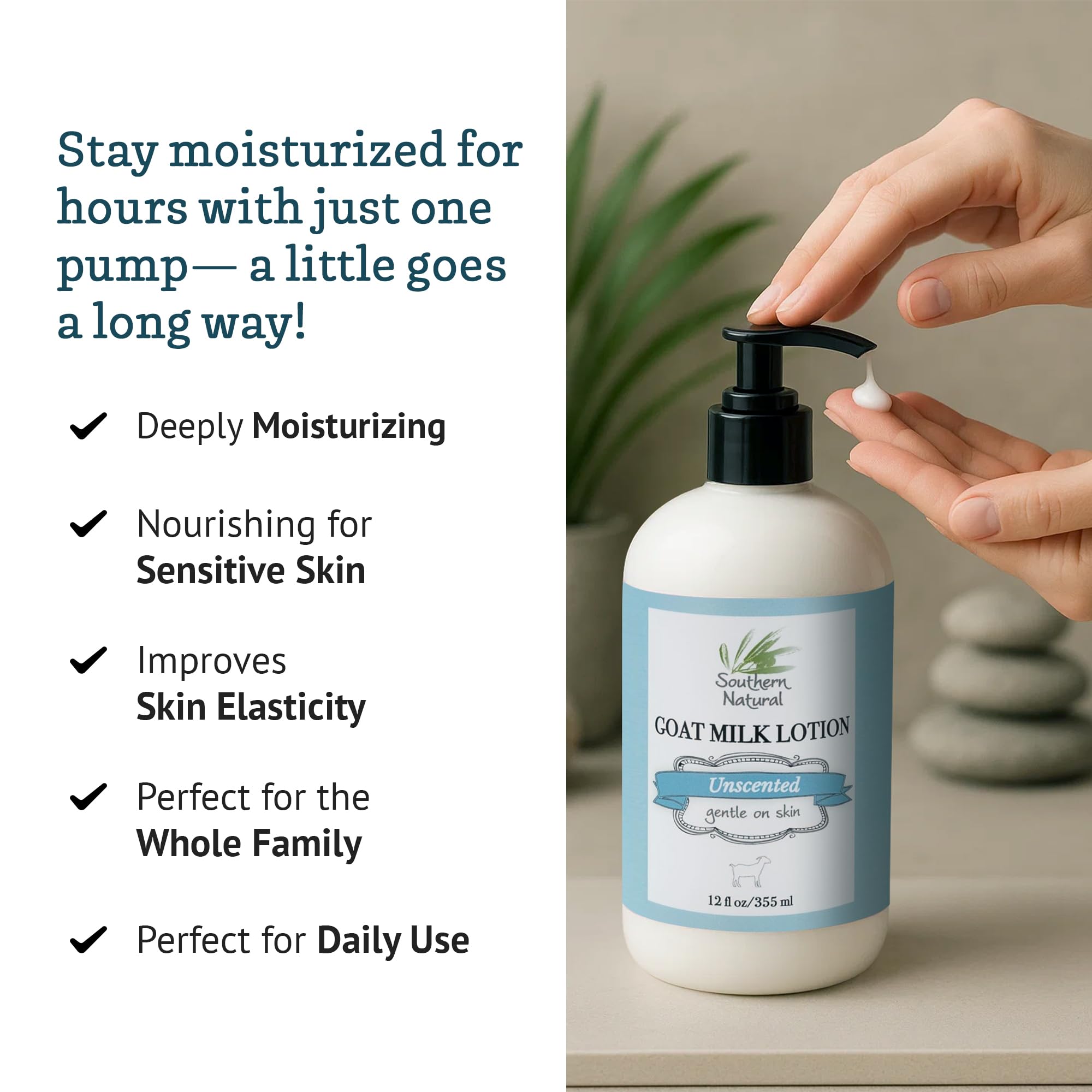 Southern Natural Goat Milk Lotion close-up texture reveals smooth, non-sticky finish