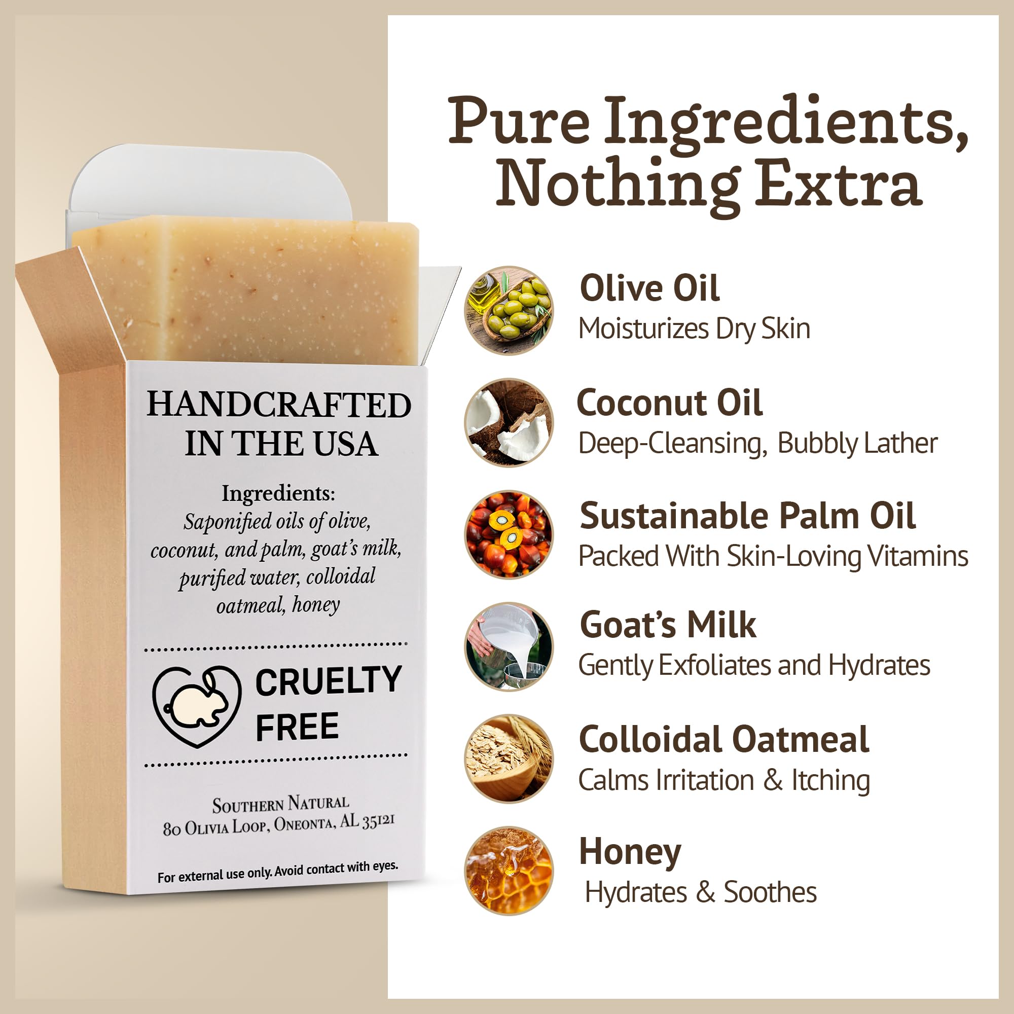 Savon Southern Natural ingrédients naturels avoine colloïdale miel, soin doux.