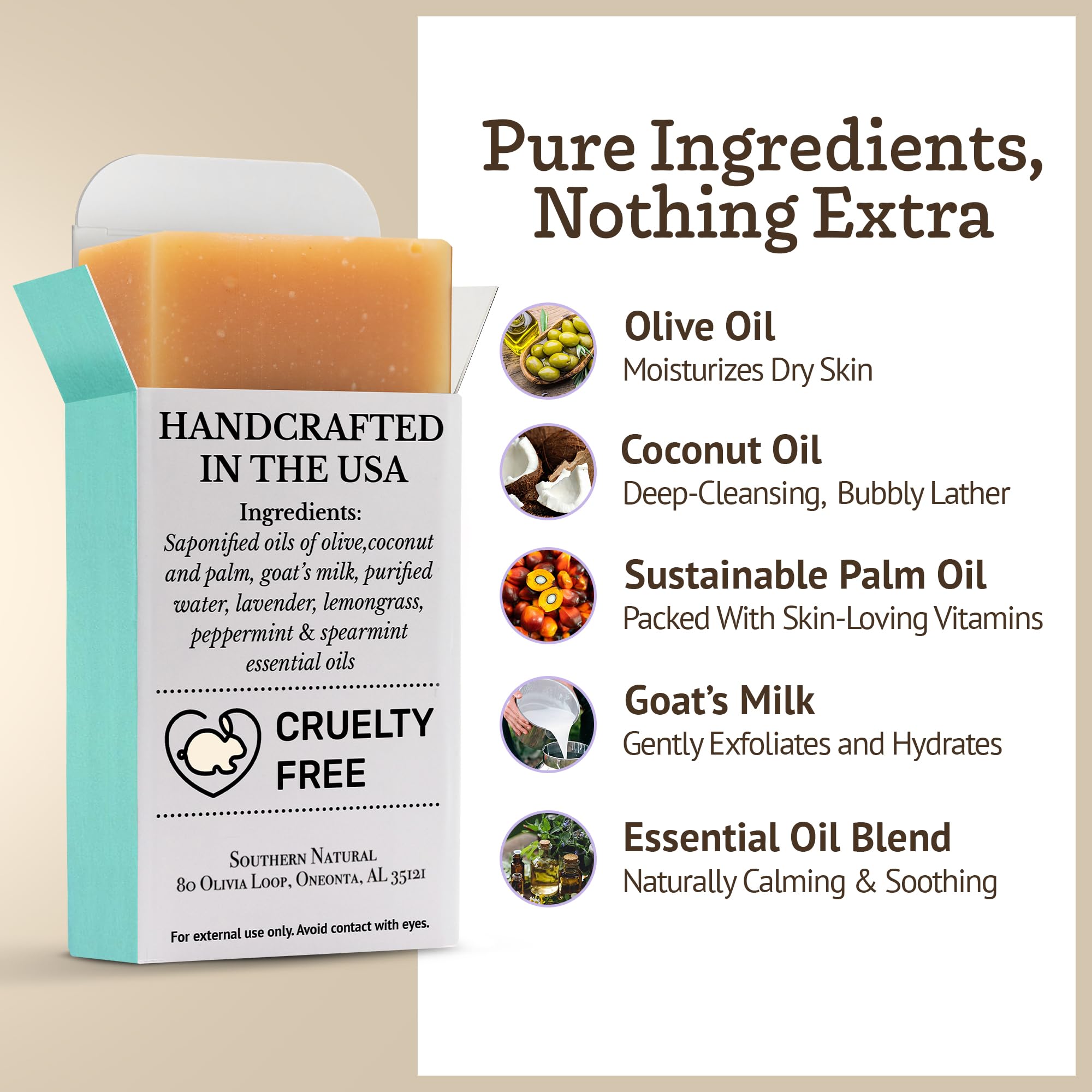 Savon lait chèvre Southern Natural, mousse riche, nettoyage efficace sans dessèchement.