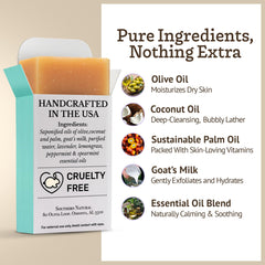 Savon lait chèvre Southern Natural, mousse riche, nettoyage efficace sans dessèchement.