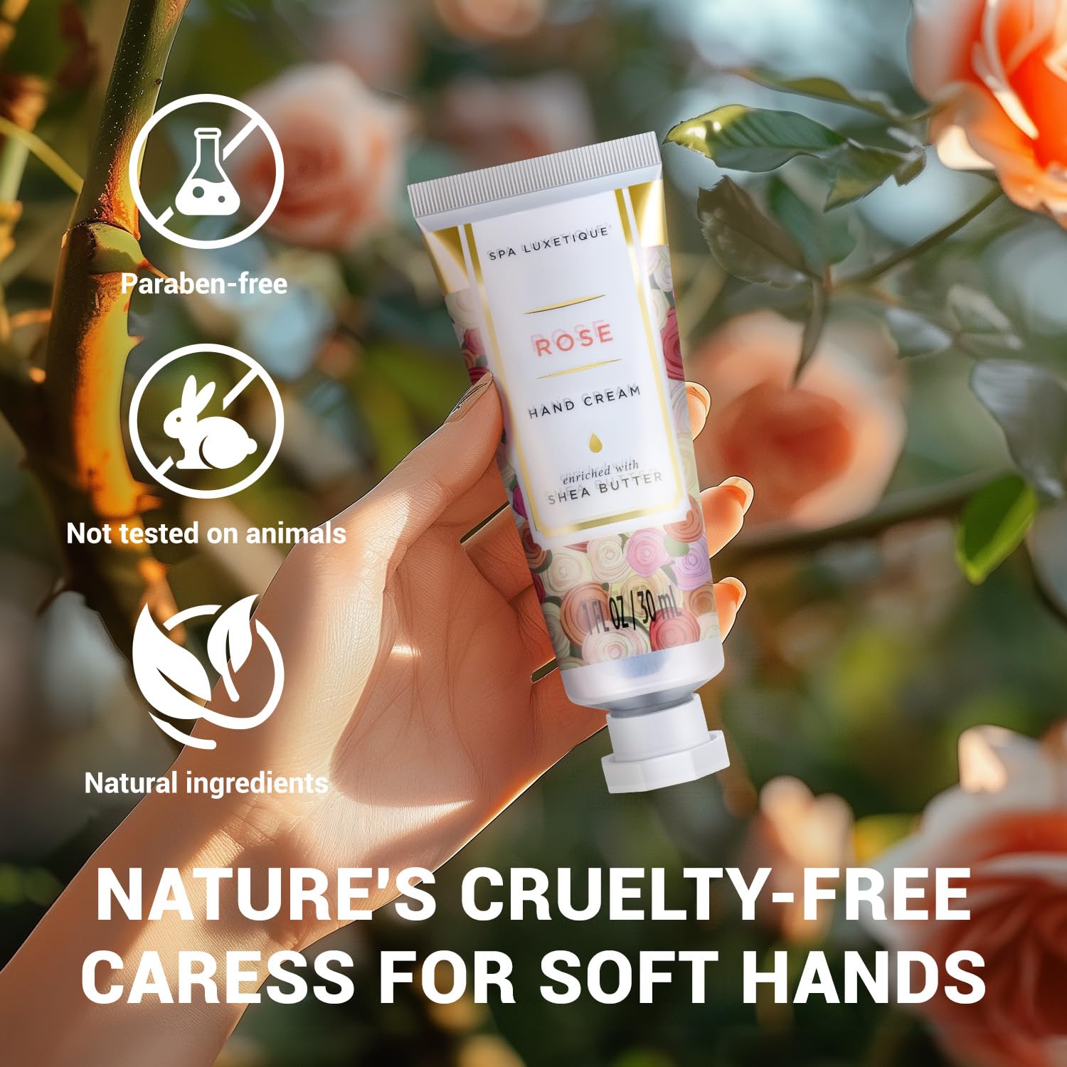 Spa Luxetique crème main karité amande, hydratation nourrissante adaptée à toutes les peaux.
