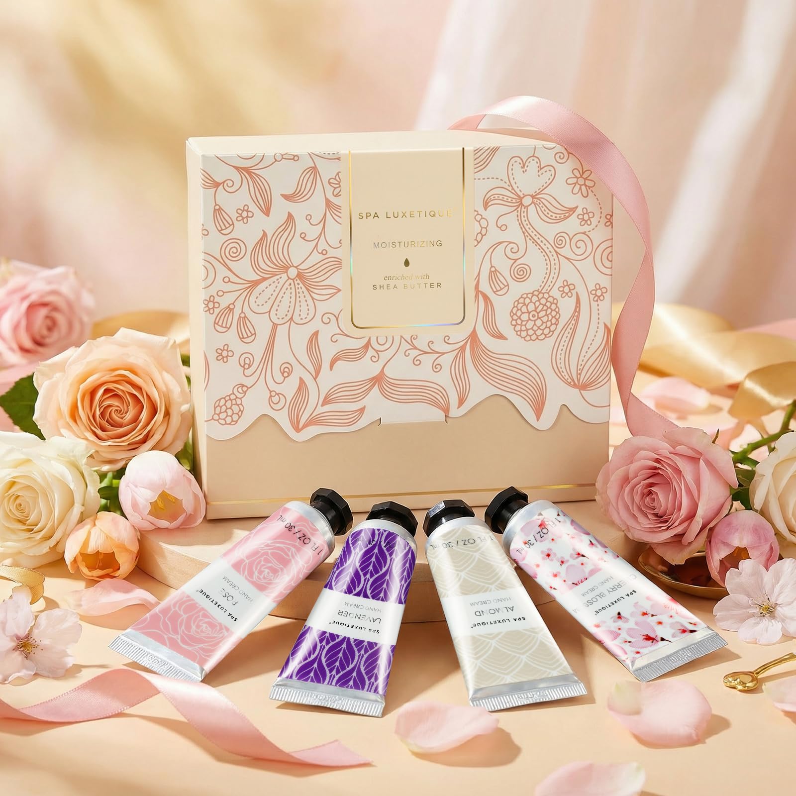 Crème mains Spa Luxetique rose, parfum élégant et peau souple.