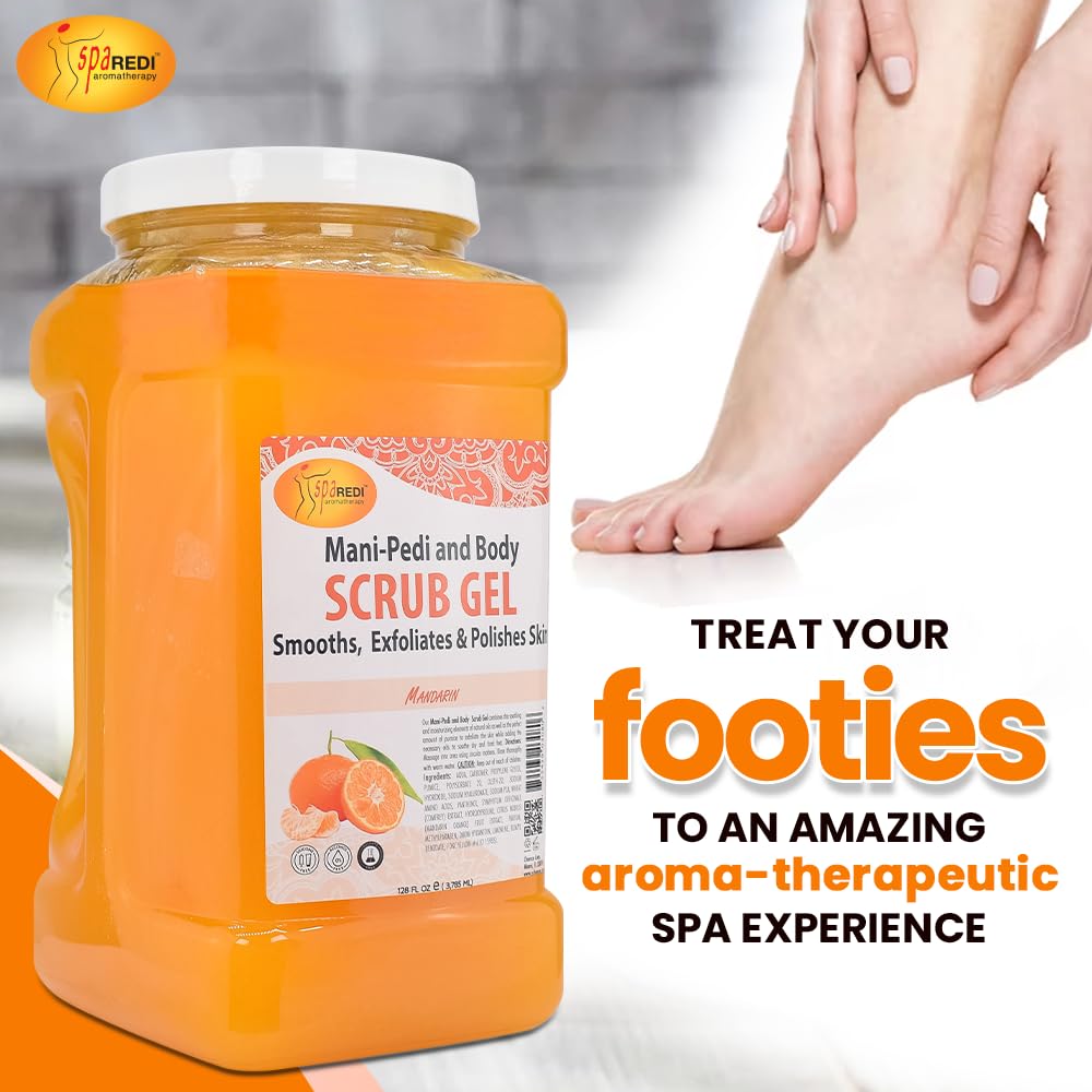 Spa Redi Pédicure Scrub Gel mandarine — extrait de mandarine apporte vitamine C et confort.