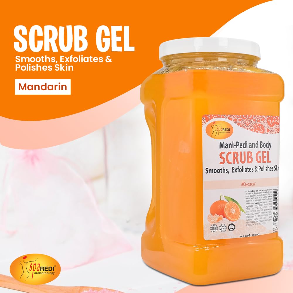 Spa Redi Pédicure Scrub Gel mandarine — grains exfoliants visibles pour des pieds plus lisses.