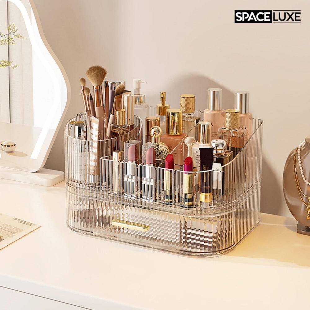 SpaceLuxe rangement à 3 niveaux, tiroirs spacieux pour palettes et soins.