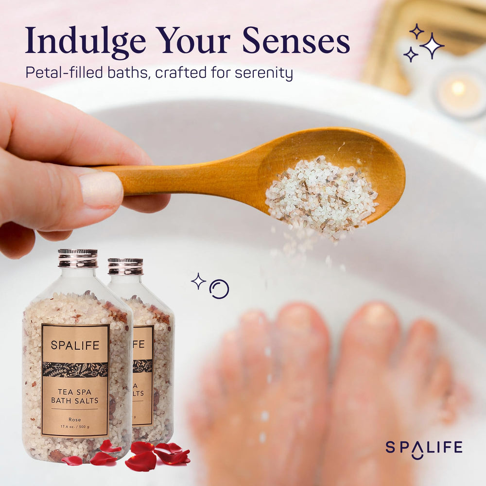 SpaLife rose petals in salts evoke romantic spa-at-home ambiance.