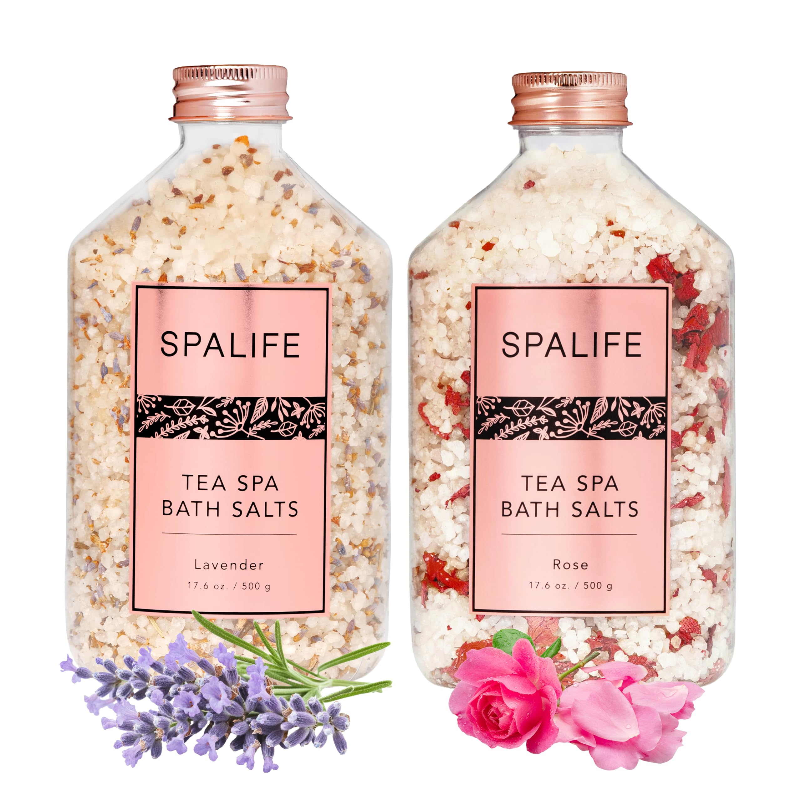 SpaLife Rose Lavender Bath Salts front view highlighting calming aromatics for soothing baths.