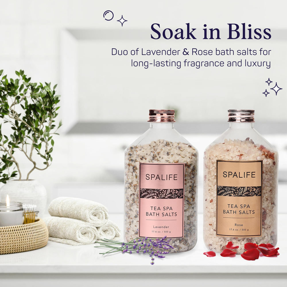 SpaLife Rose Lavender Bath Salts packaging showing premium gift-ready set.