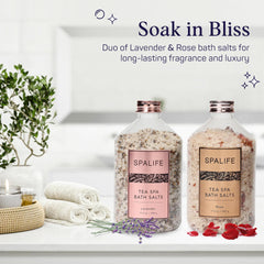 SpaLife Rose Lavender Bath Salts packaging showing premium gift-ready set.