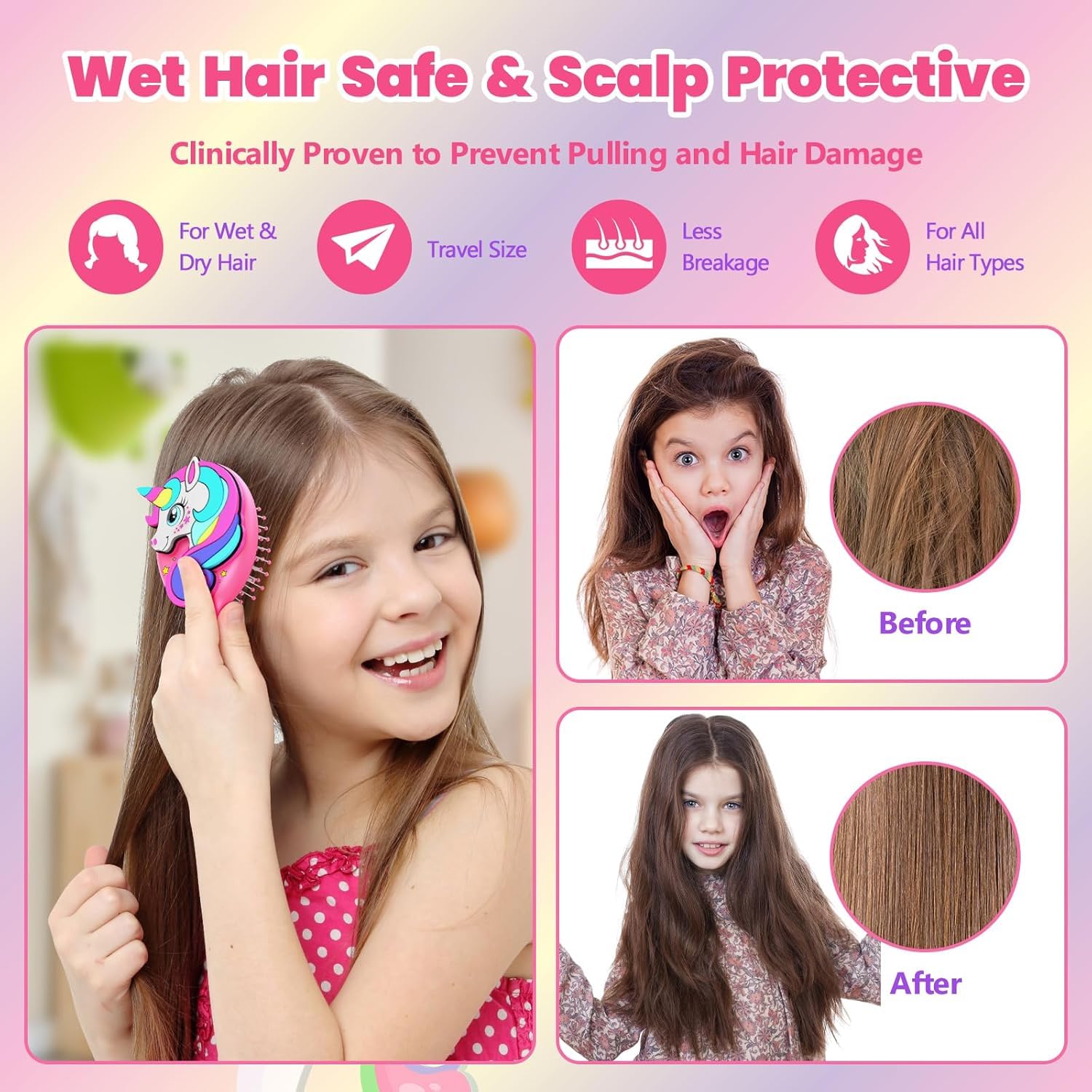 Sparkle Unicorn brosse cheveux mouillés et secs, adaptée au lavage et au séchage.
